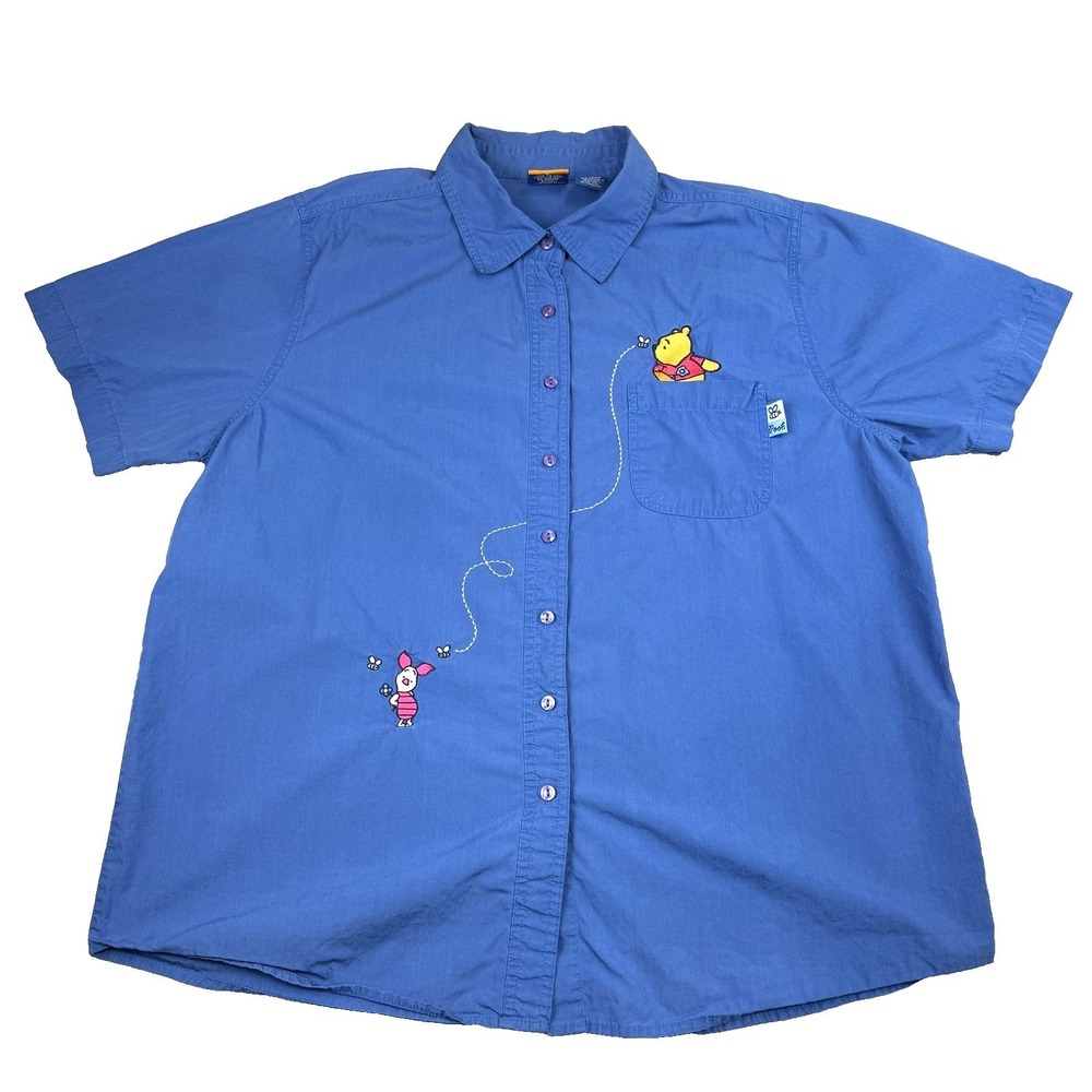 Vtg Pooh Shirt Womens 2X Blue Winnie The Pooh Piglet Embroidered Disney Top Bees